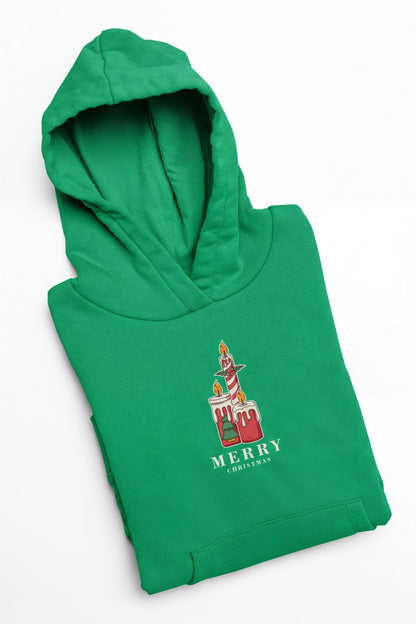 A green hoodie with a graphic design and text printed on it.