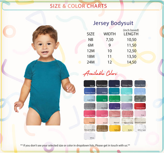 a young child wearing a blue bodysuit, with a size and color chart displayed next to the child.
