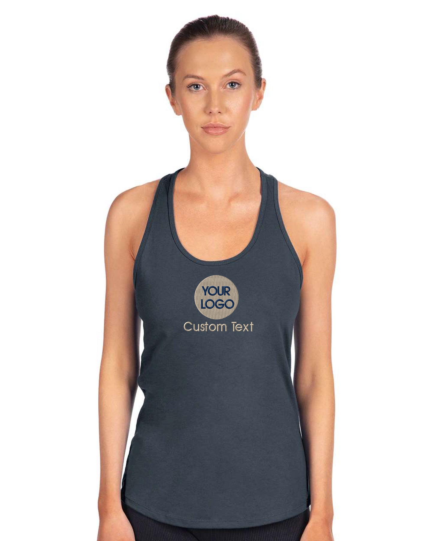 a woman wearing a tank top with a logo on it