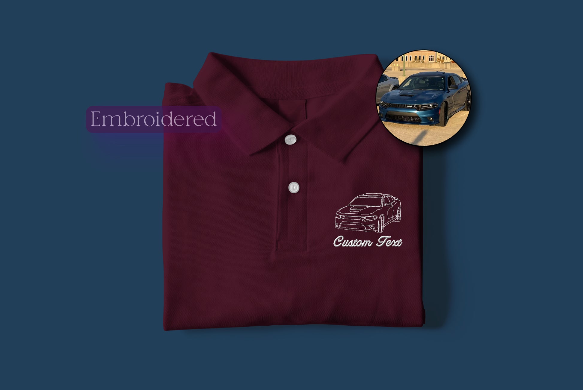 a maroon polo shirt with a picture of a car on it