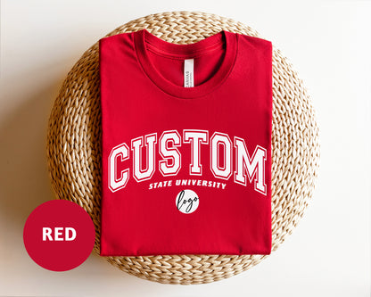 a red shirt with the word custom on it