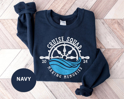 a navy crew neck sweatshirt with a cruise squad logo on it