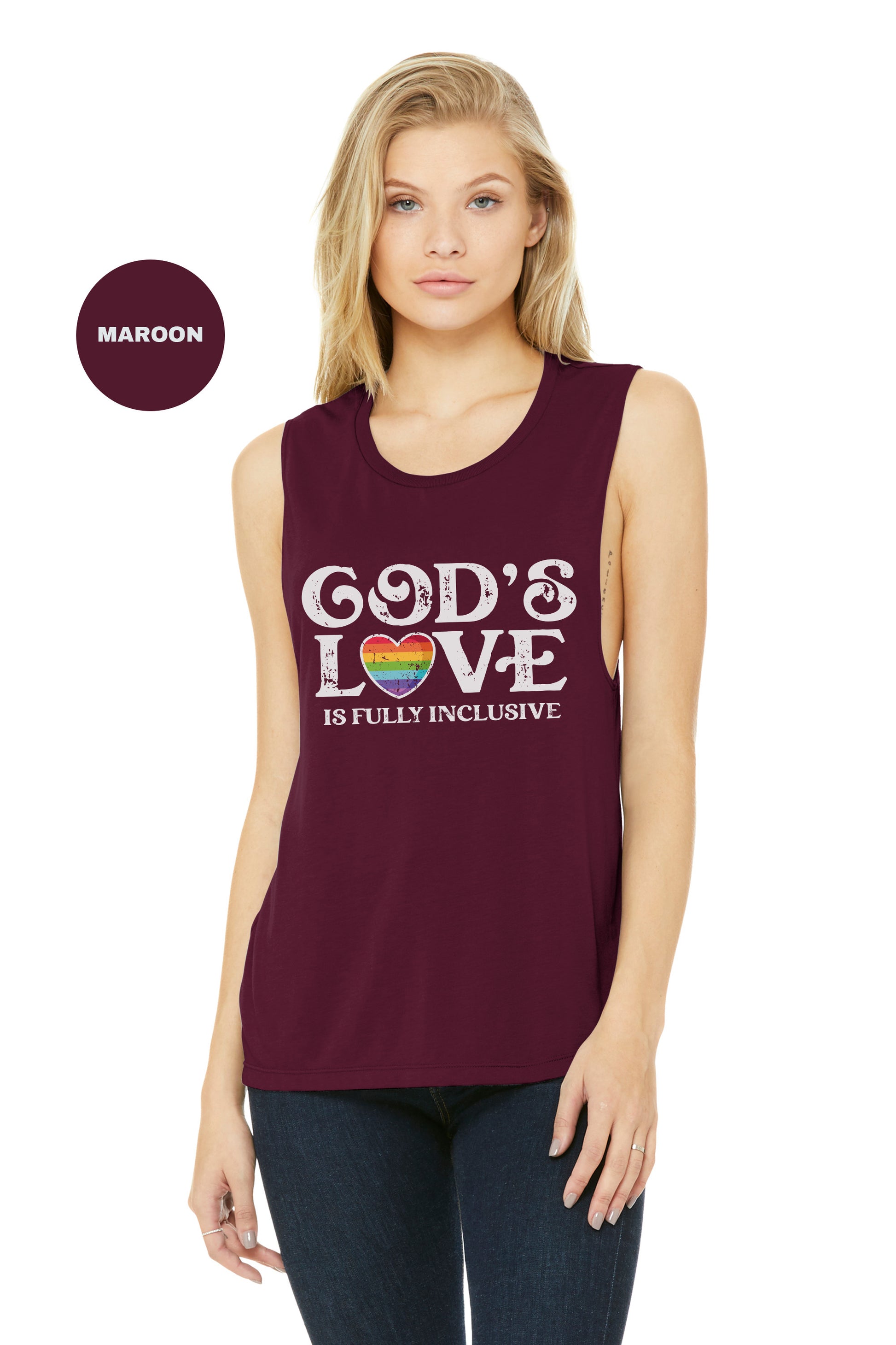 a woman wearing a tank top that says god's love