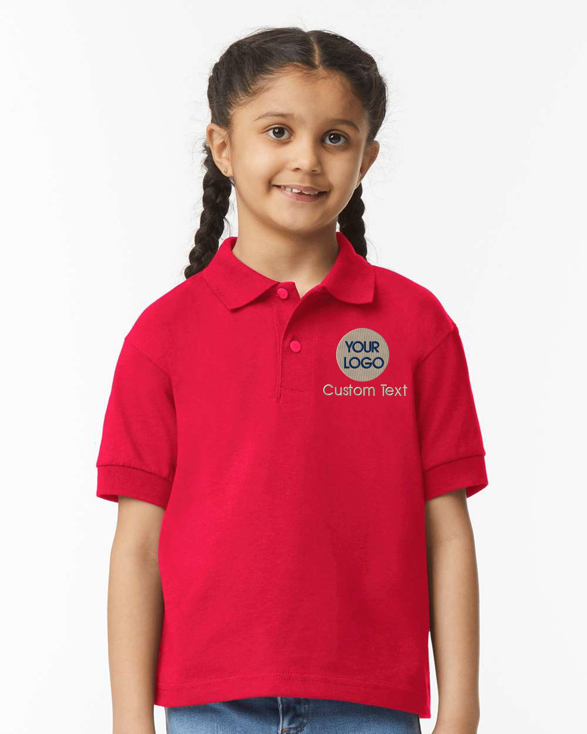 a young girl wearing a red polo shirt