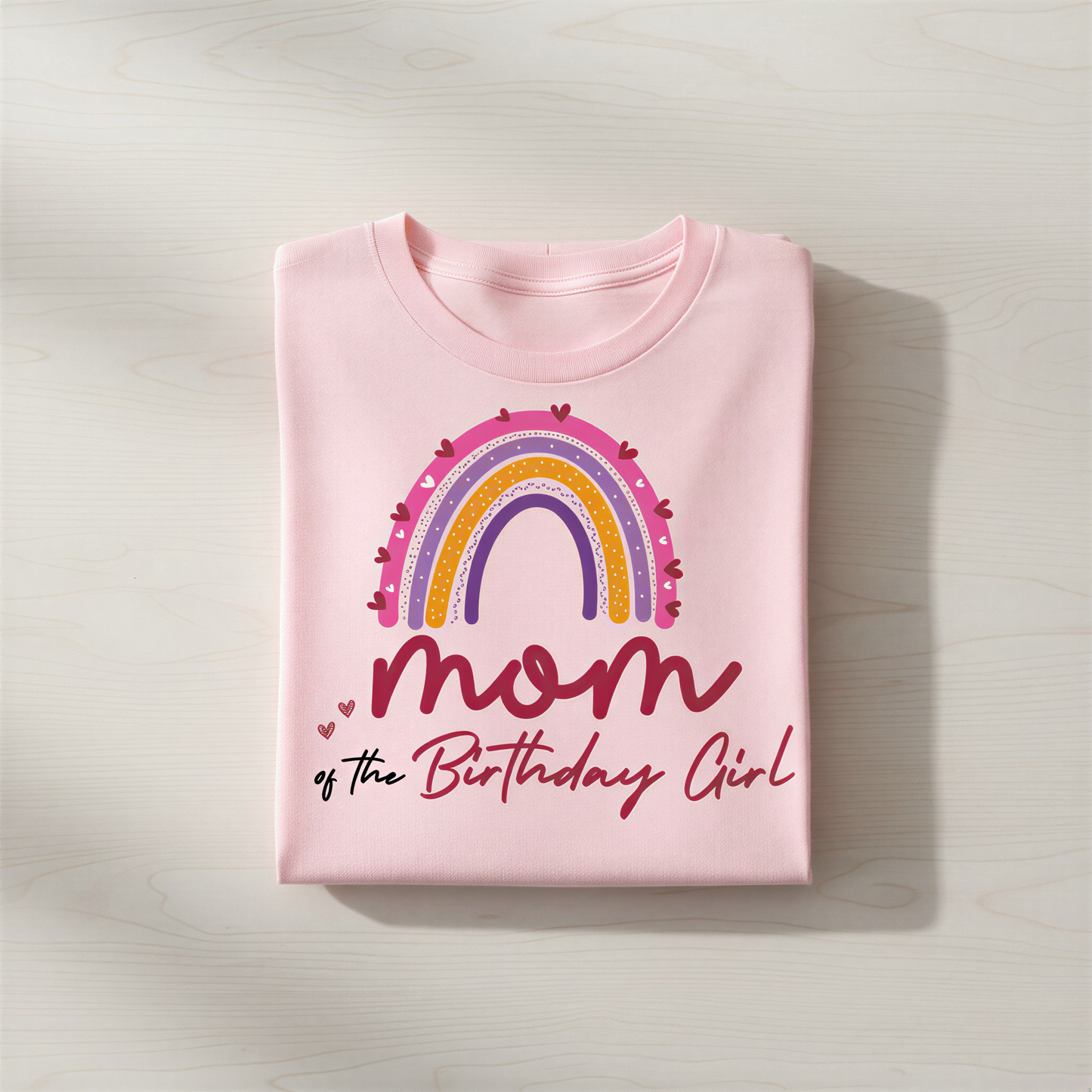 A pink t-shirt with a colorful rainbow graphic and the text "Mom of the Birthday Girl" printed on it.