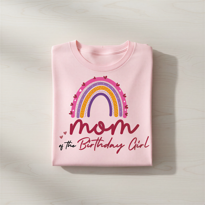 A pink t-shirt with a colorful rainbow graphic and the text "Mom of the Birthday Girl" printed on it.
