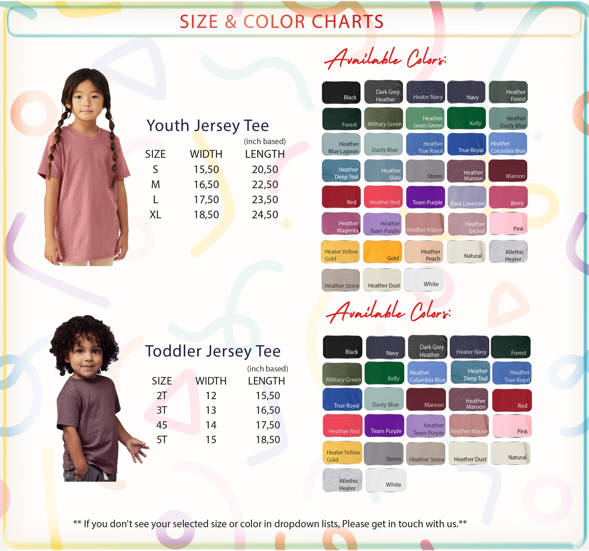 a child's size and color chart for a t - shirt