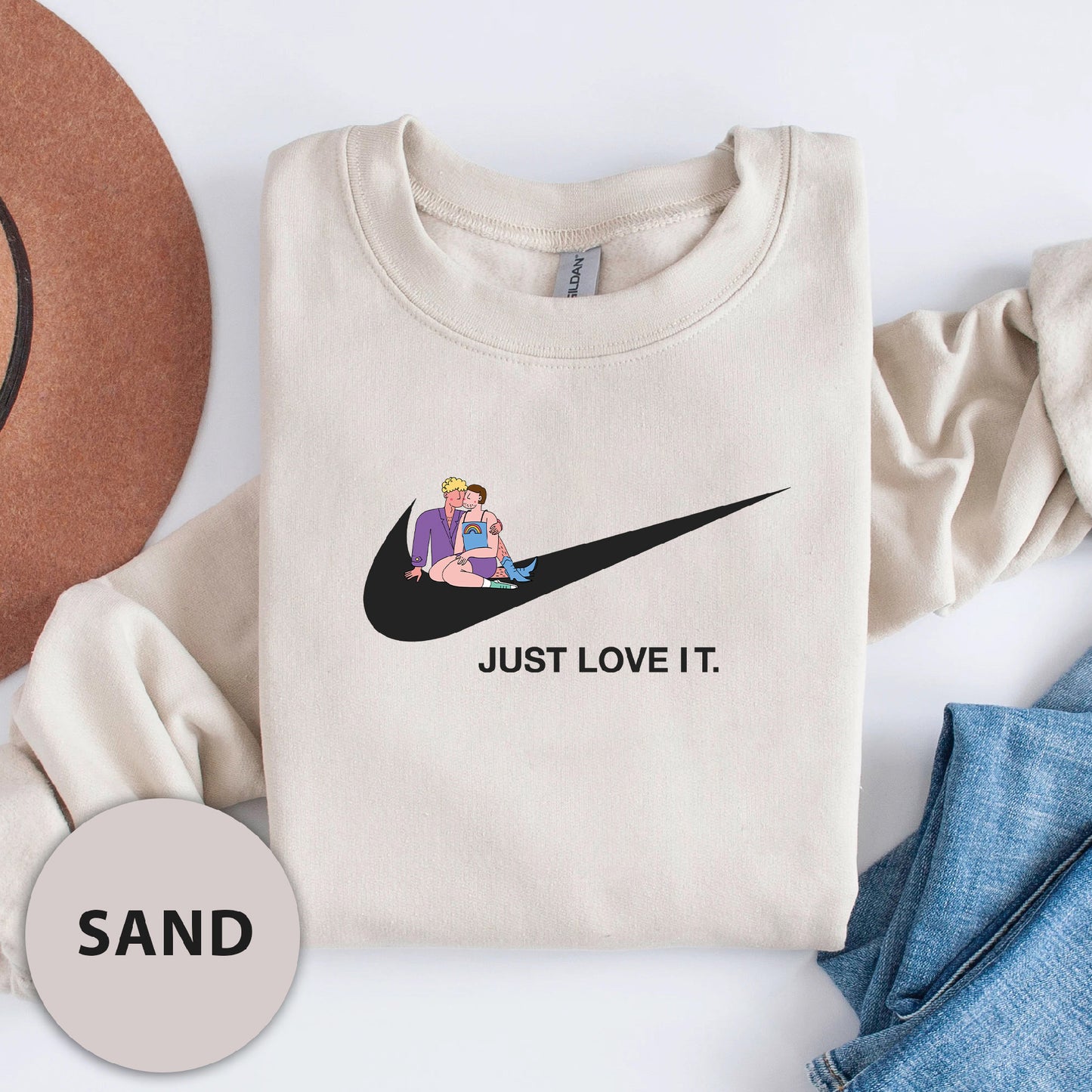 a t - shirt that says just love it and a hat next to it