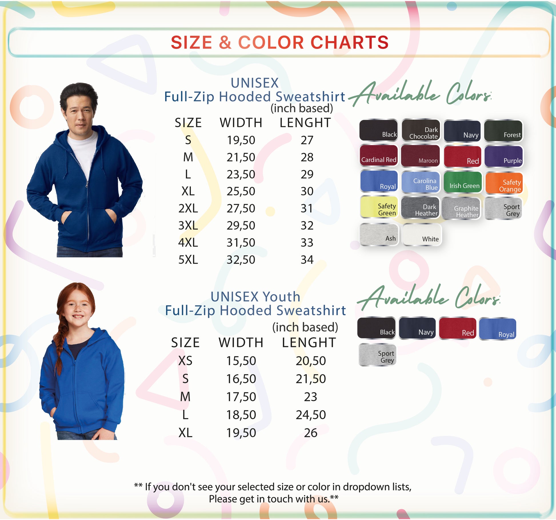 the size and color chart for a child's hoodie