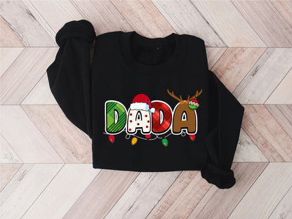 A black sweater with a colorful design on it, featuring the word "DADA" in a playful font.