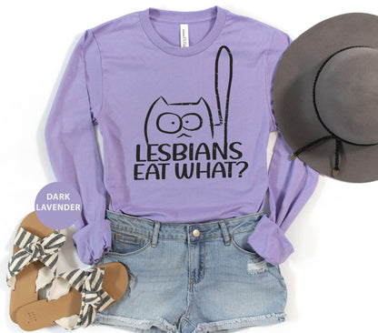 a purple shirt that says lesbians eat what? with a hat and shoes