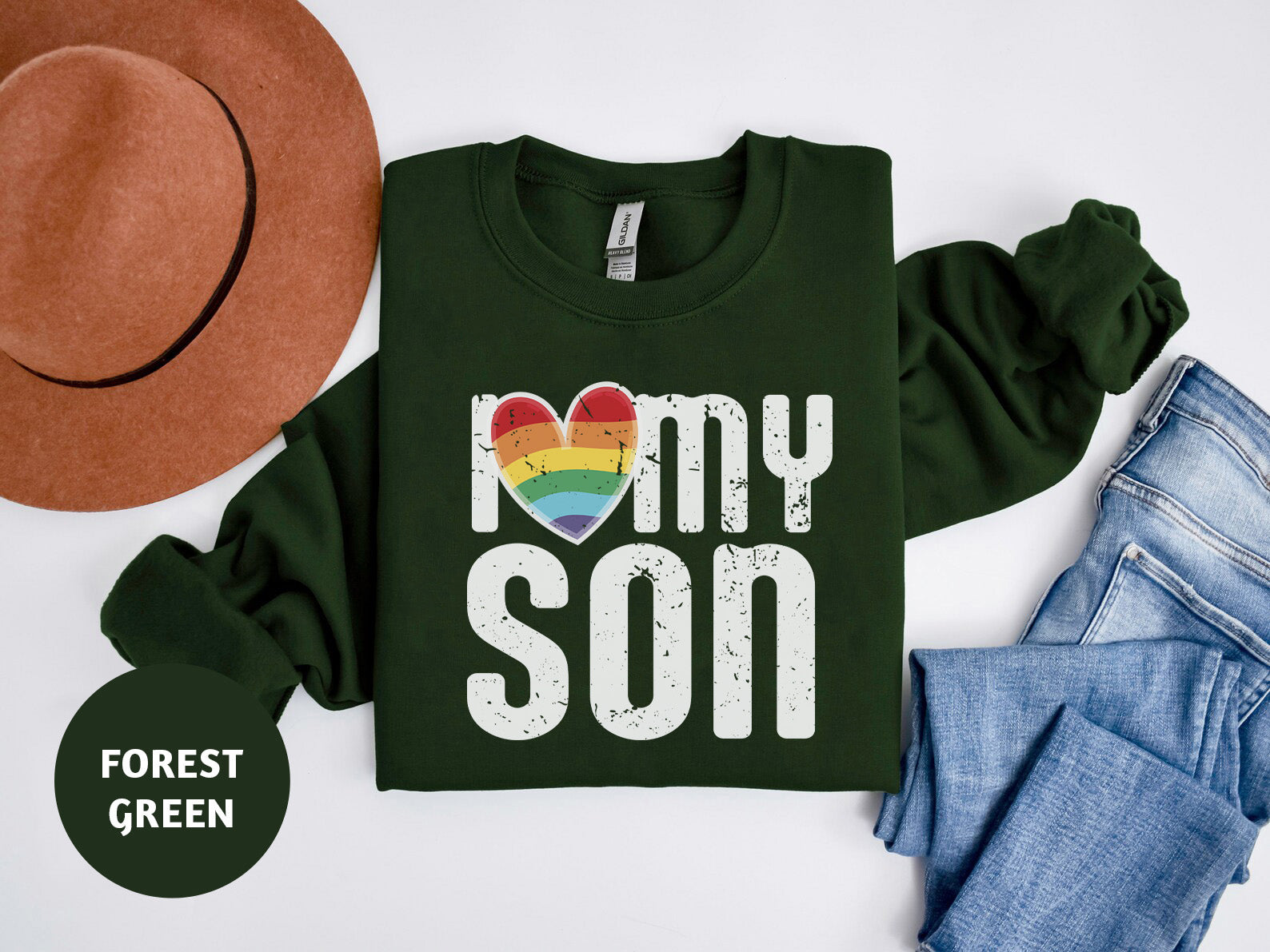 a green shirt that says i love my son with a rainbow heart