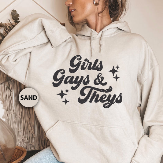 a woman wearing a white hoodie that says girls, guys and they