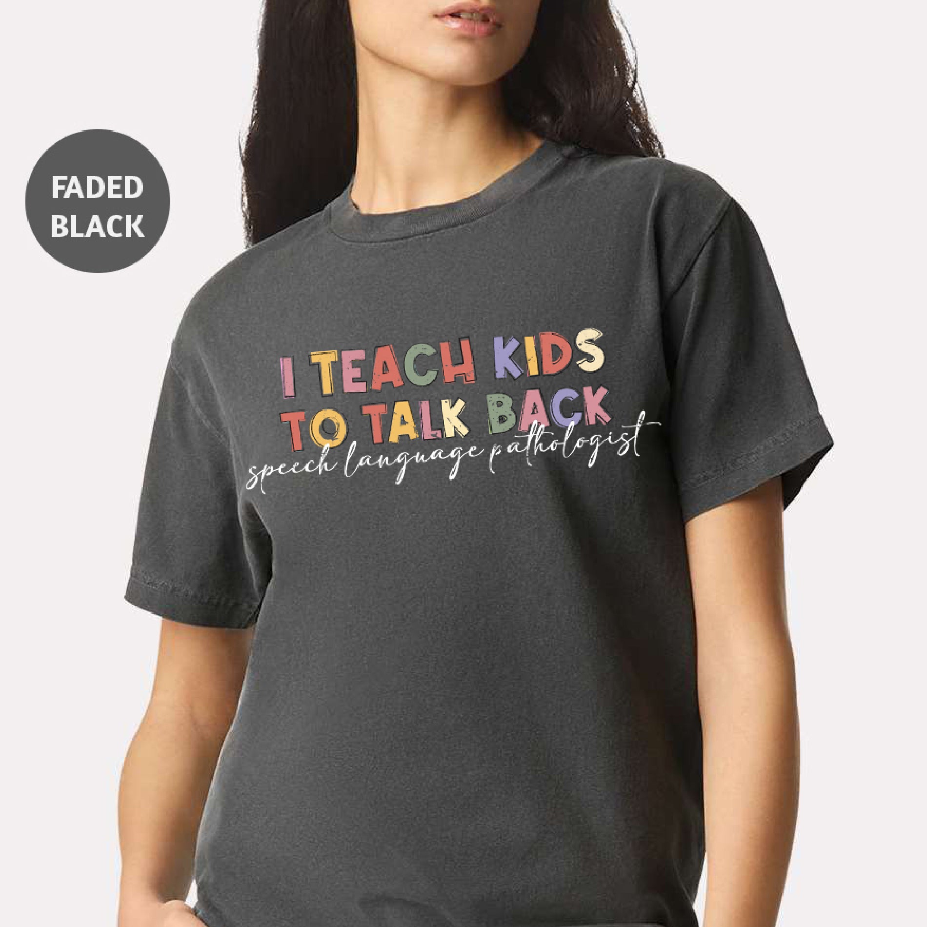 a woman wearing a t - shirt that says i teach kids to talk back