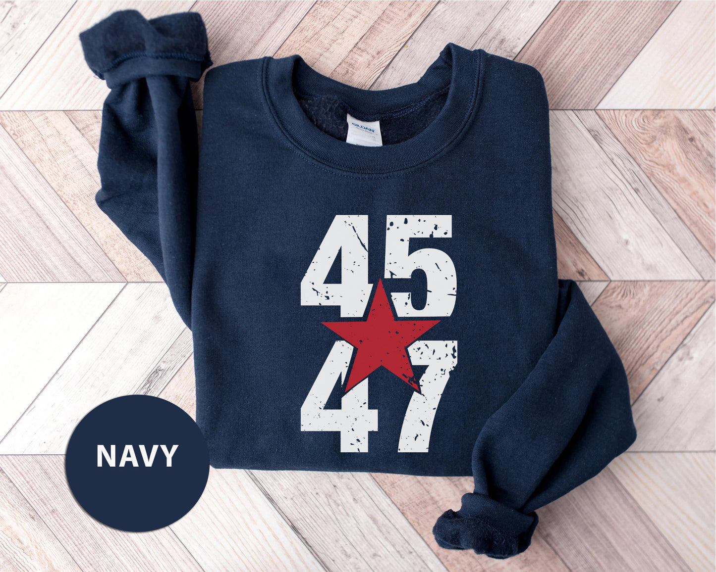 a navy sweatshirt with a red star on it