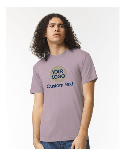 a man wearing a purple t - shirt with the words your logo on it