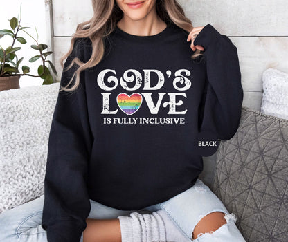 a woman sitting on a couch wearing a sweatshirt that says god's love is