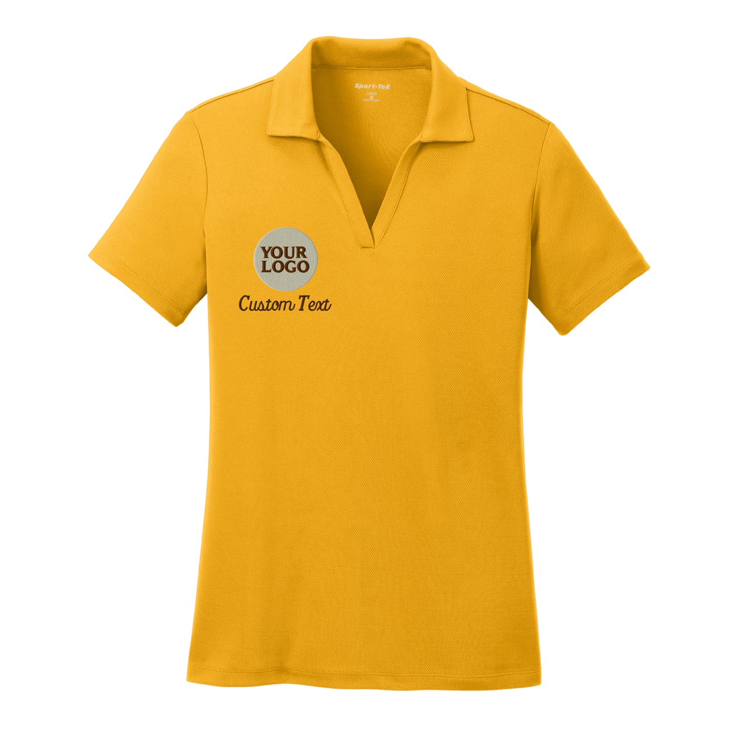 a women's yellow polo shirt with a logo on the chest