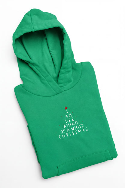 A green hoodie with white text on it.