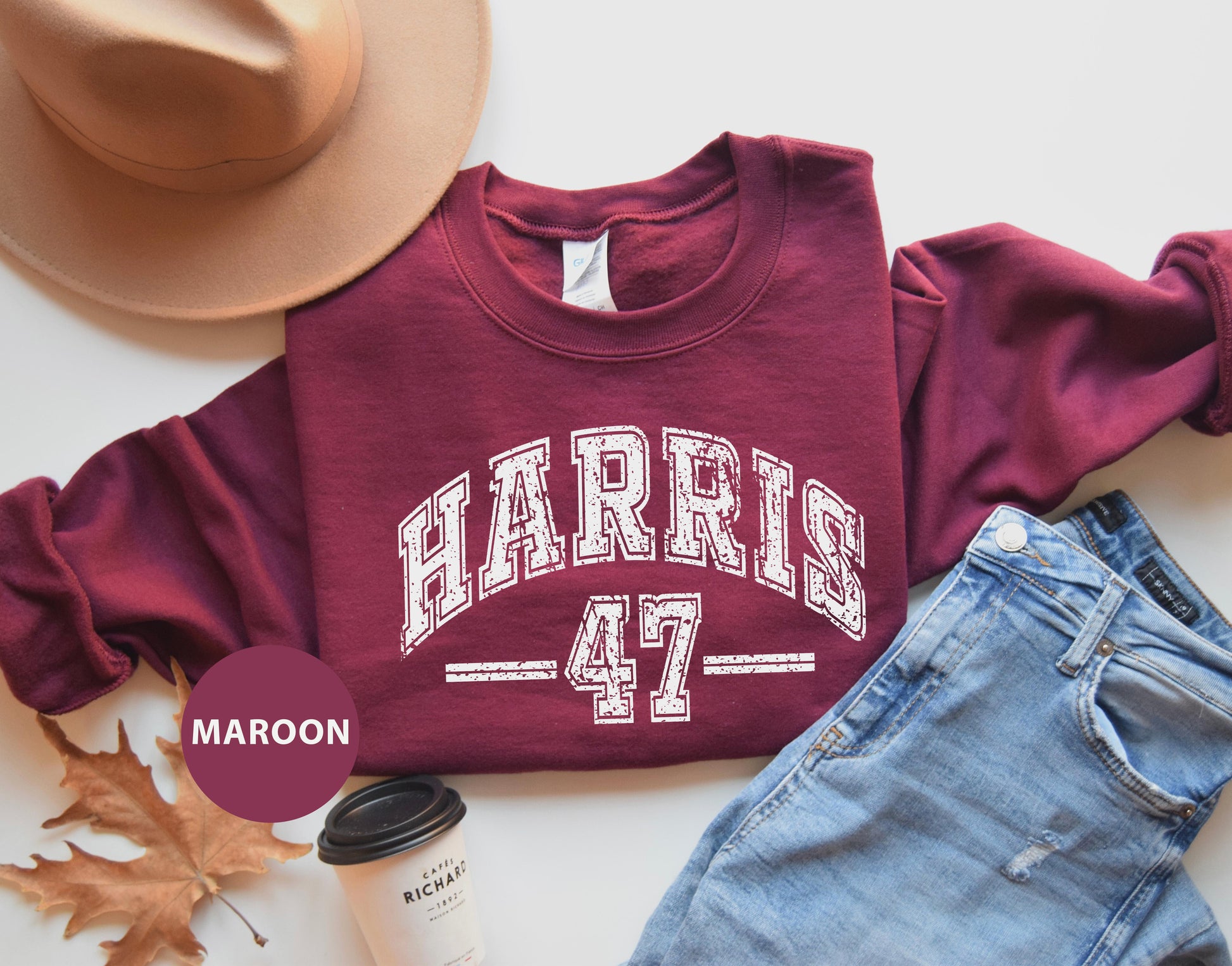 a maroon sweatshirt with the words harris 47 on it