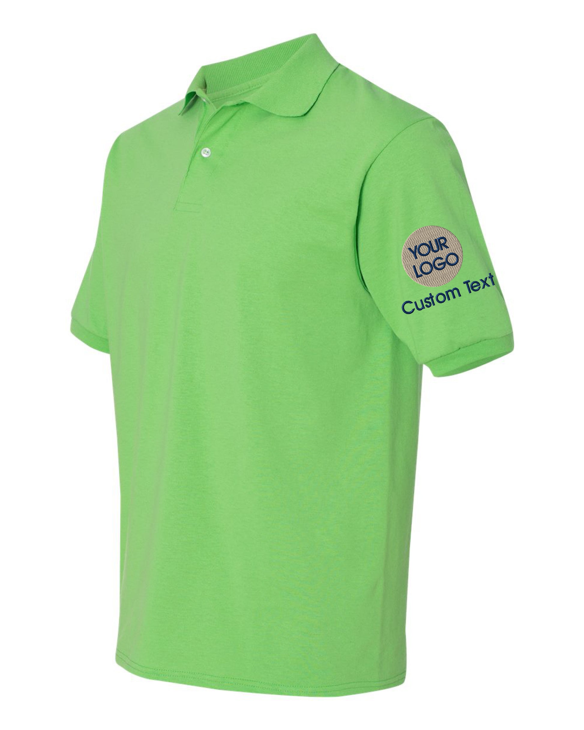 a green polo shirt with the words custom text on it