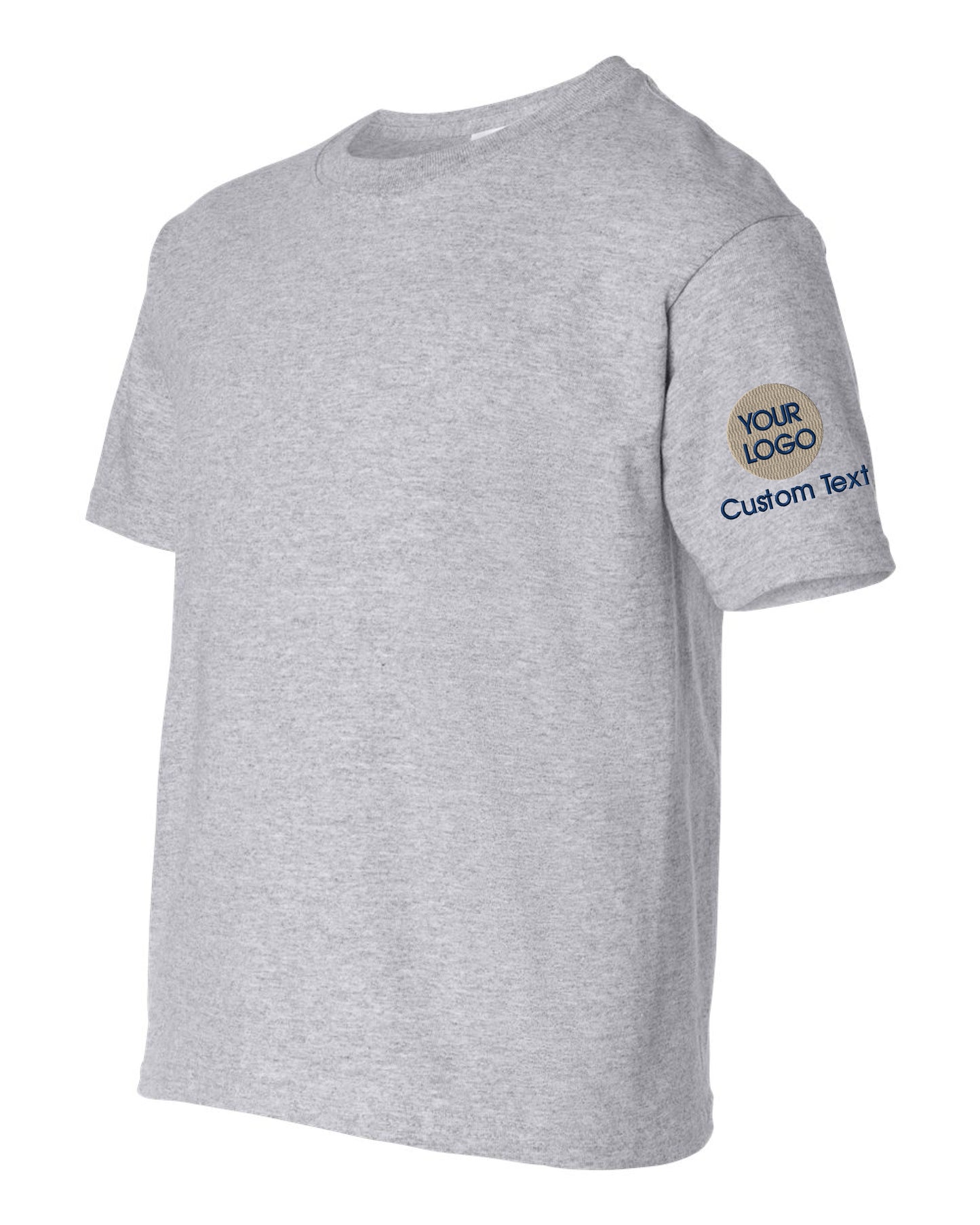 a grey t - shirt with a logo on the chest