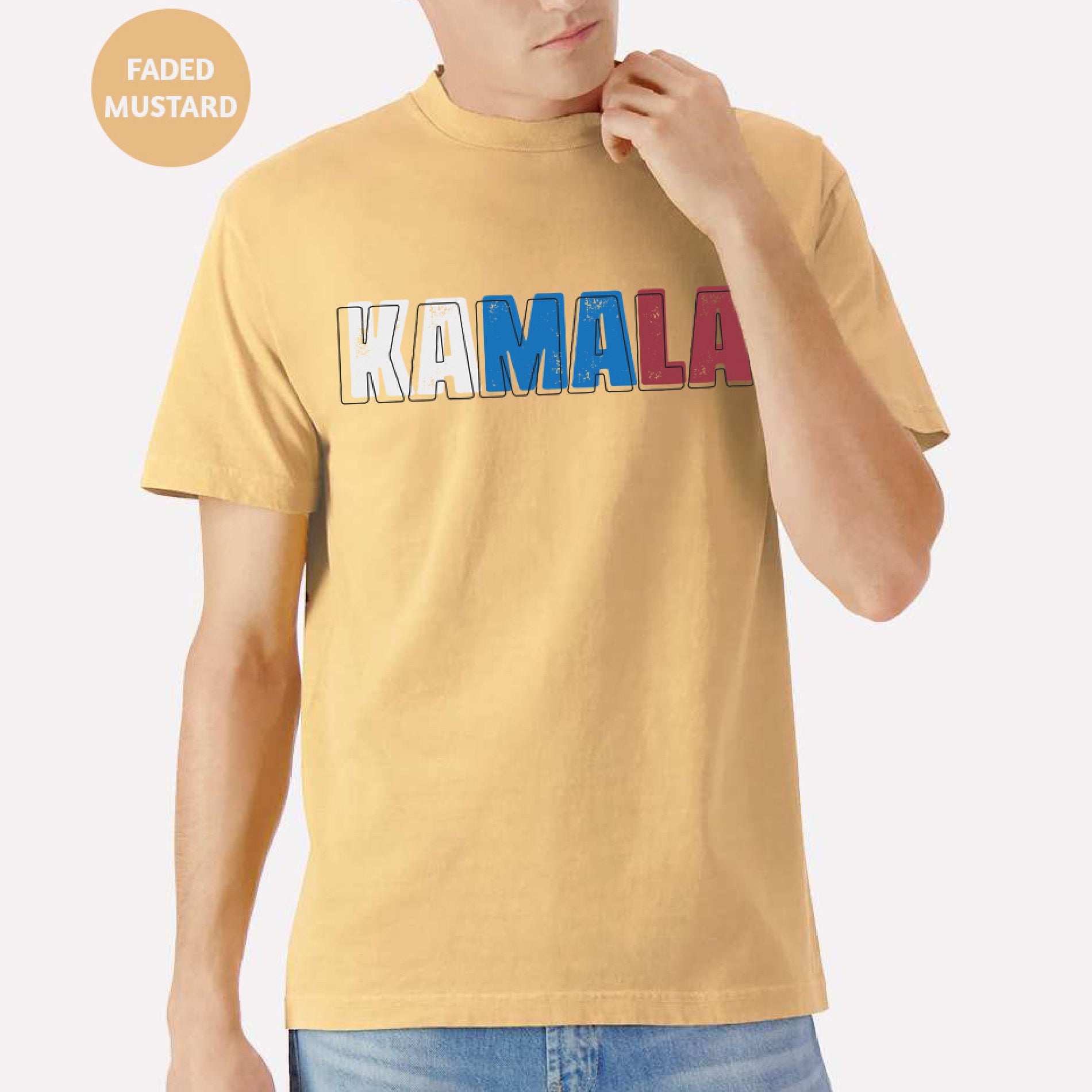 a man wearing a yellow shirt with the word kalamala printed on it