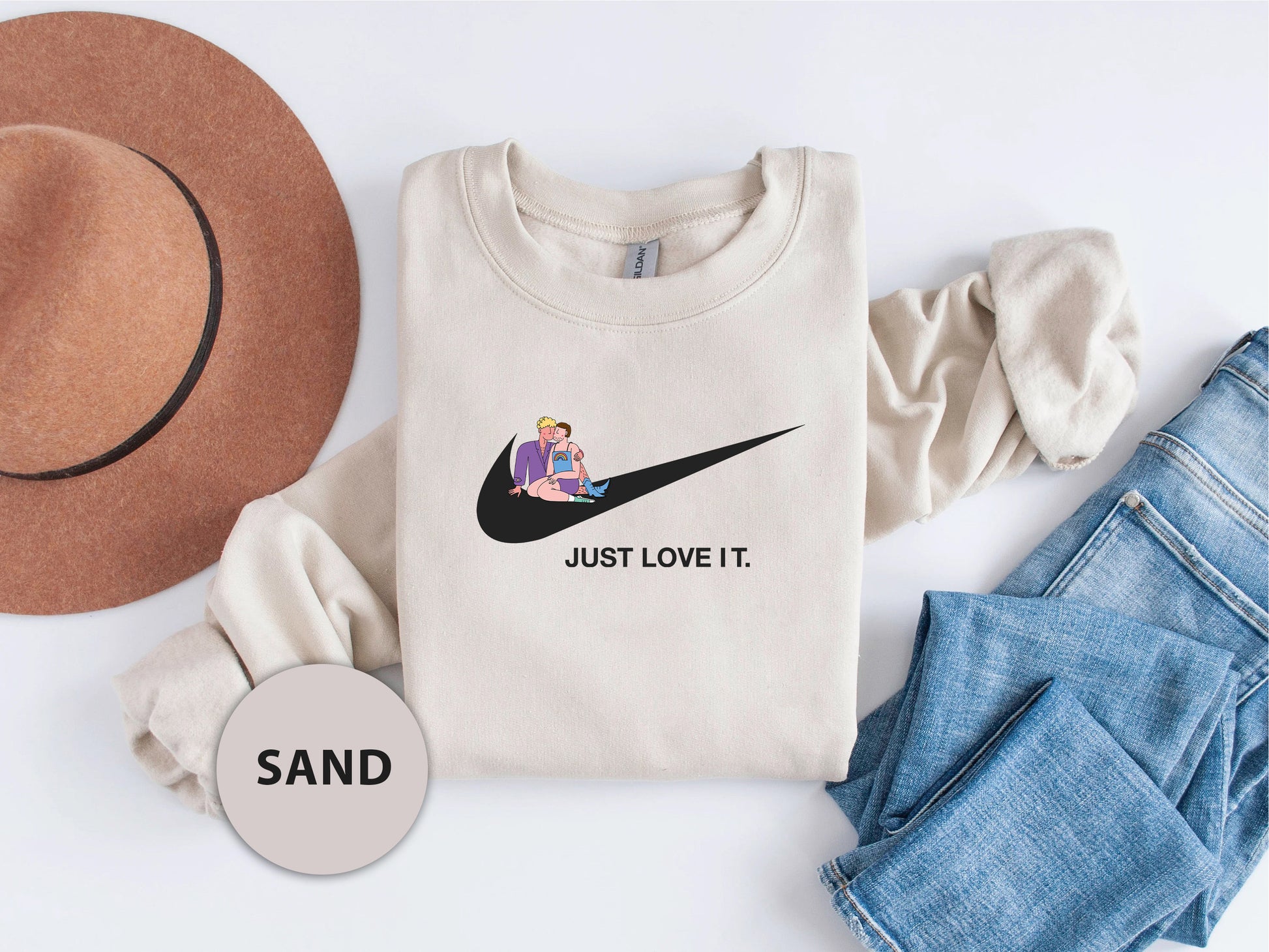 a t - shirt that says, just love it and a hat next to it