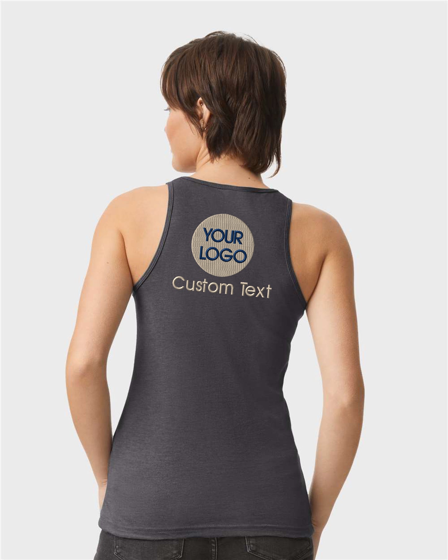 a woman wearing a tank top with a custom text