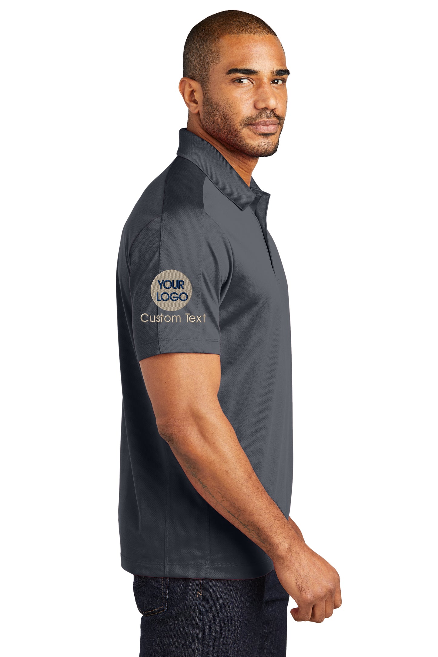 a man wearing a polo shirt with a logo on it