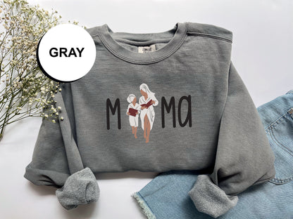 a gray sweatshirt with a picture of two women on it