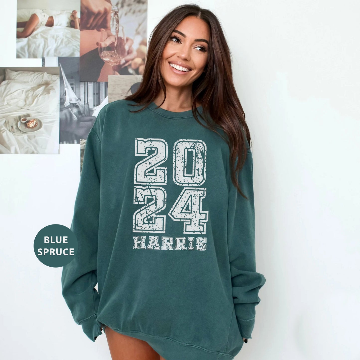 a woman in a green sweatshirt posing for a picture