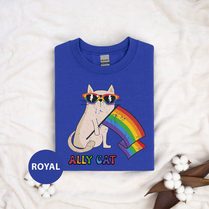 a blue shirt with a dog wearing sunglasses and a rainbow