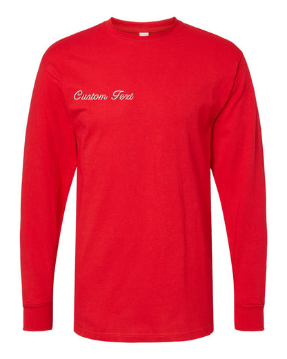 a red long - sleeved shirt with the words, custom team on it