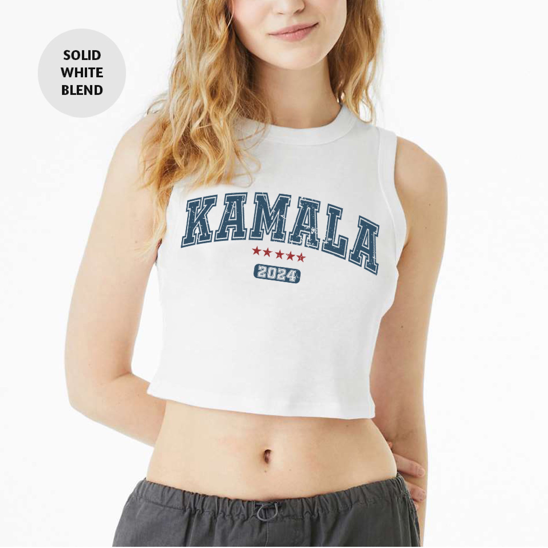 a woman wearing a white crop top with the word kansas printed on it