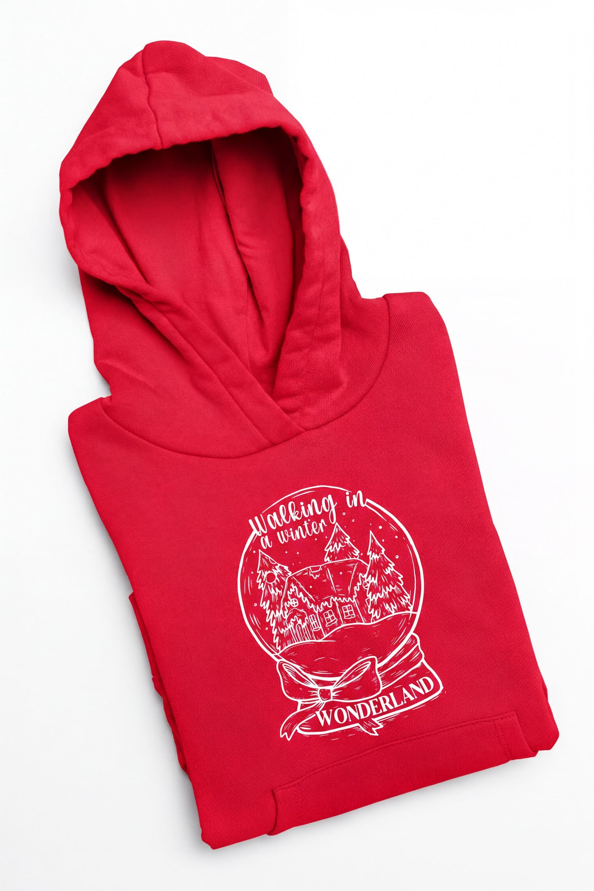 A red hoodie with a white graphic design on it, depicting a winter wonderland scene with a snow globe.