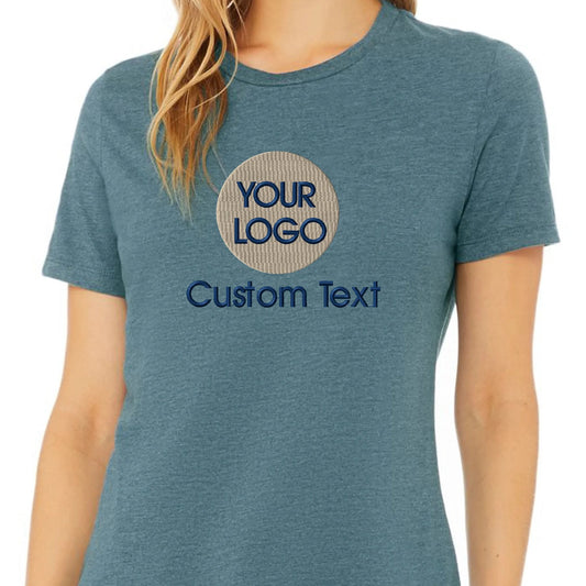 a woman wearing a t - shirt that says your logo