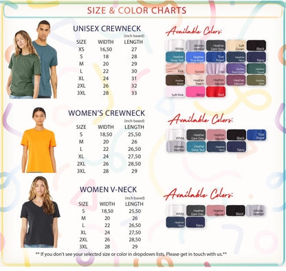a collection of size and color charts for men's and women's crew necks and v-necks. The charts provide available color options for different sizes, including unisex crew necks and women's crew necks.