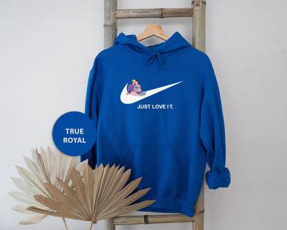 a blue hoodie with a white nike logo on it