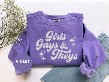 a purple shirt with the words girls, guys and they's written on it