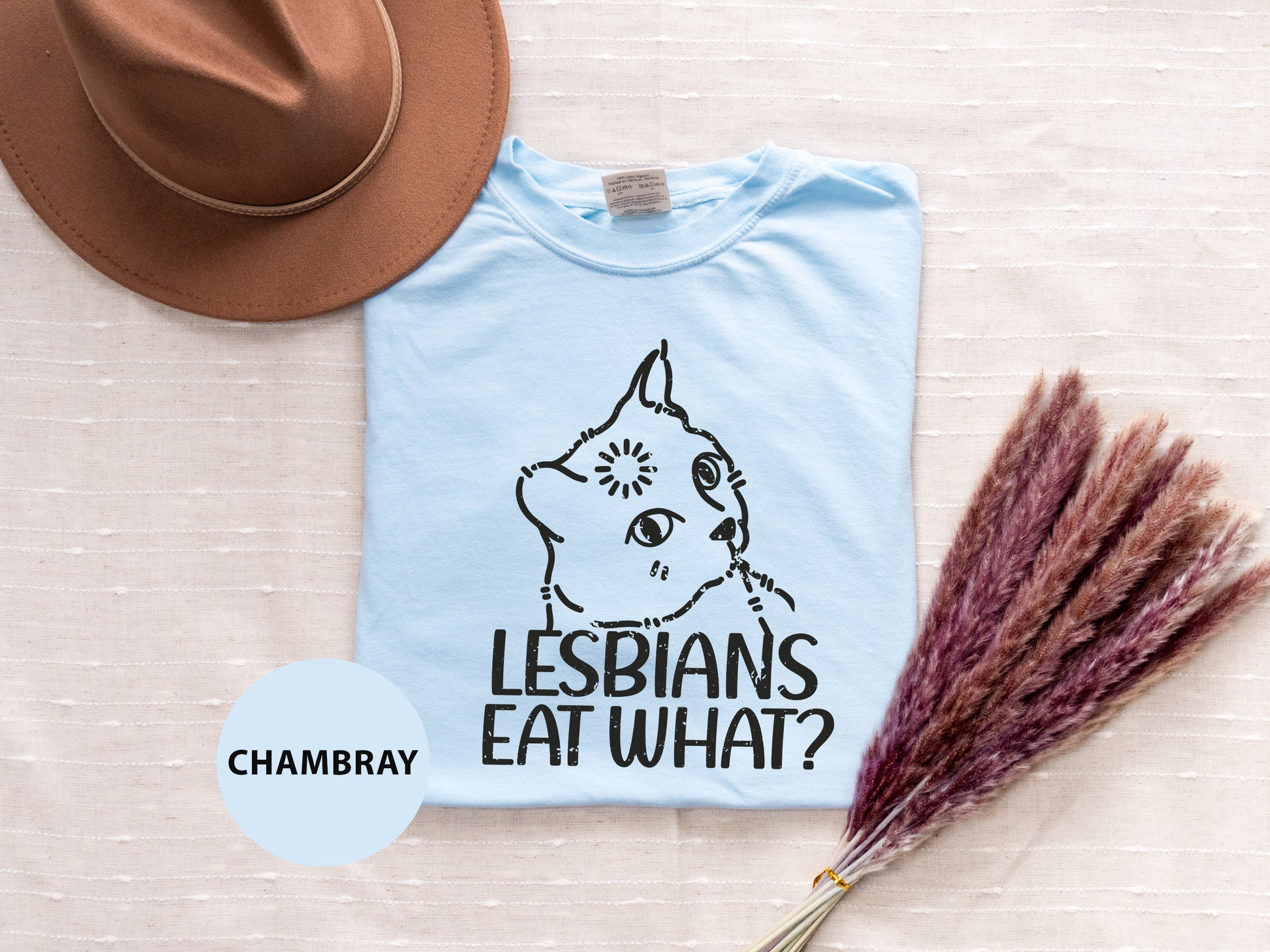 a t - shirt that says lesbians eat what? next to a hat and