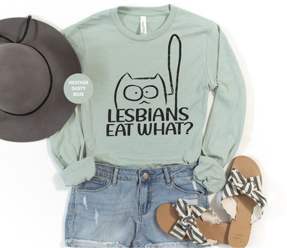 a shirt that says lesbians eat what with a hat and sandals