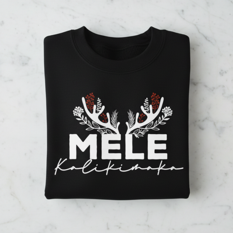 A black sweatshirt with white text and floral designs printed on it.