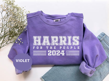 a purple sweatshirt with the words harris for the people on it