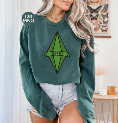 a woman with blonde hair wearing a green sweatshirt