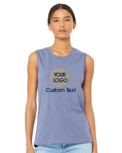 a woman wearing a blue tank top with the words your logo on it