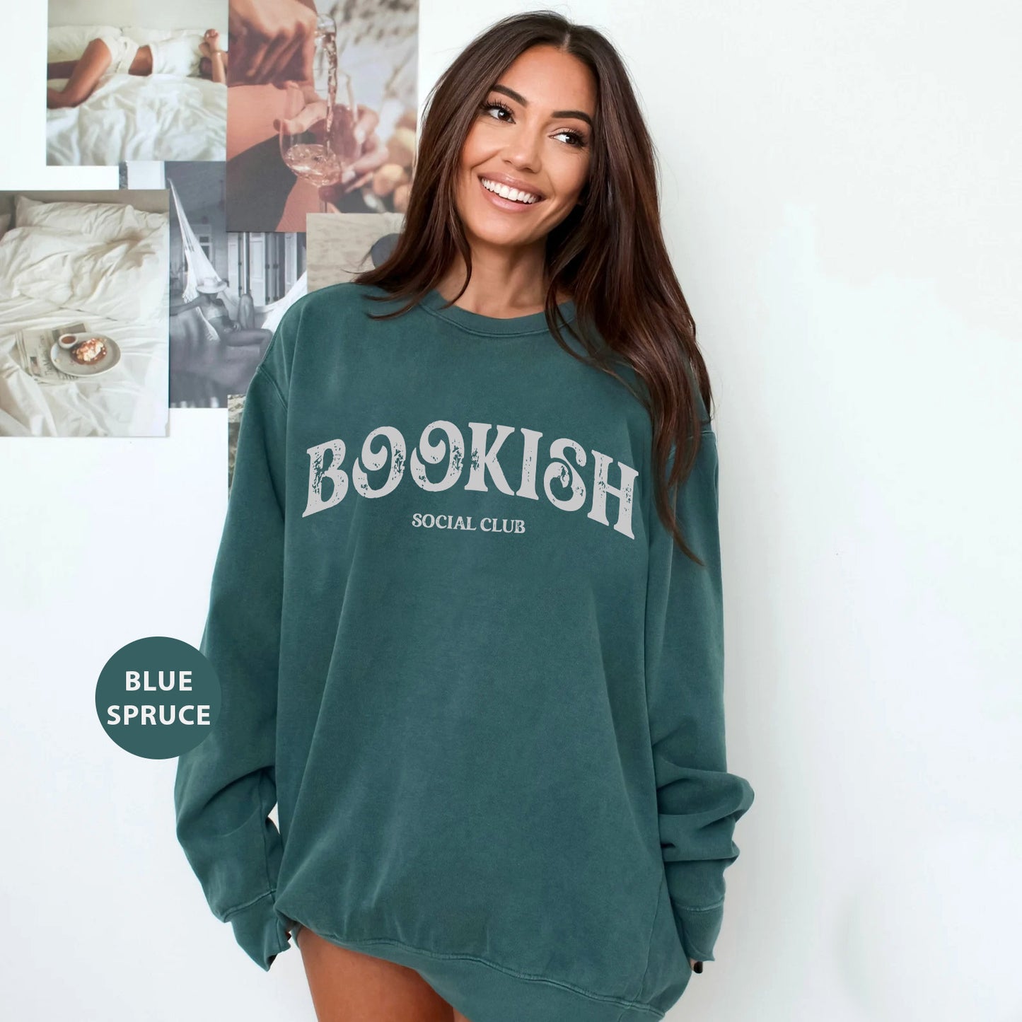 a woman in a green sweatshirt posing for a picture