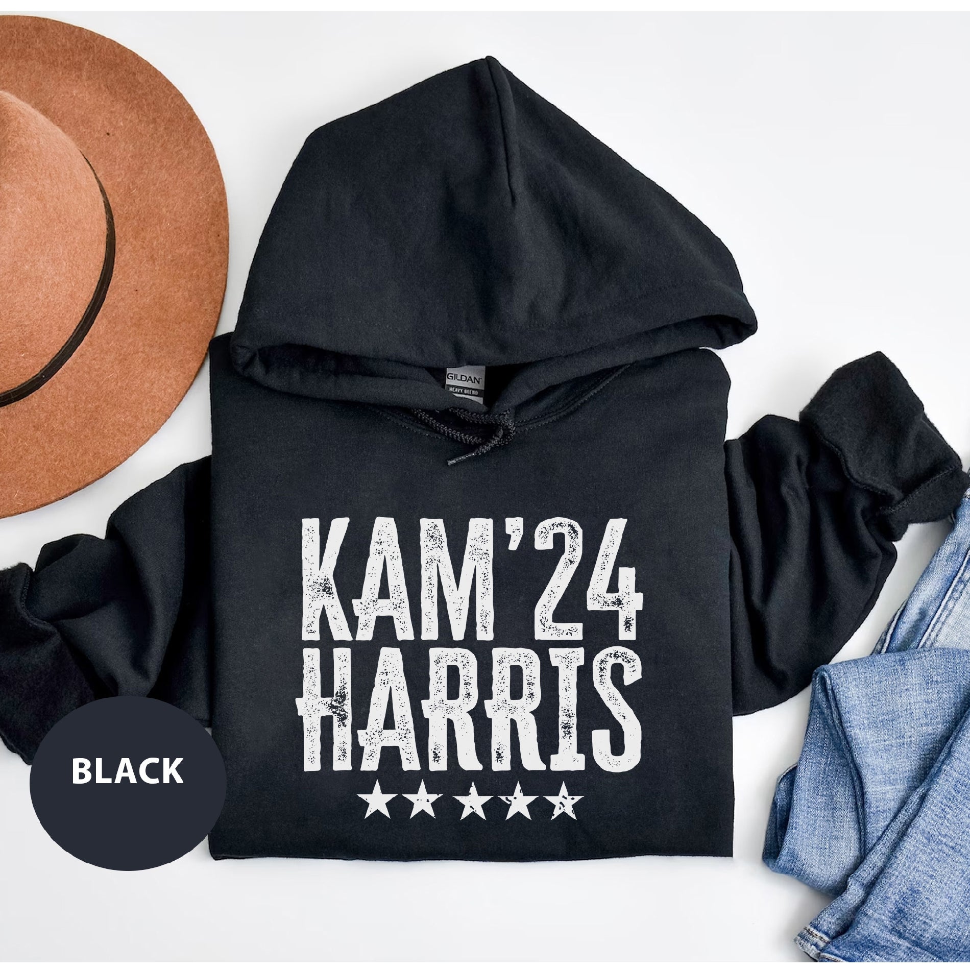 a black hoodie with the words kam 24 harris printed on it