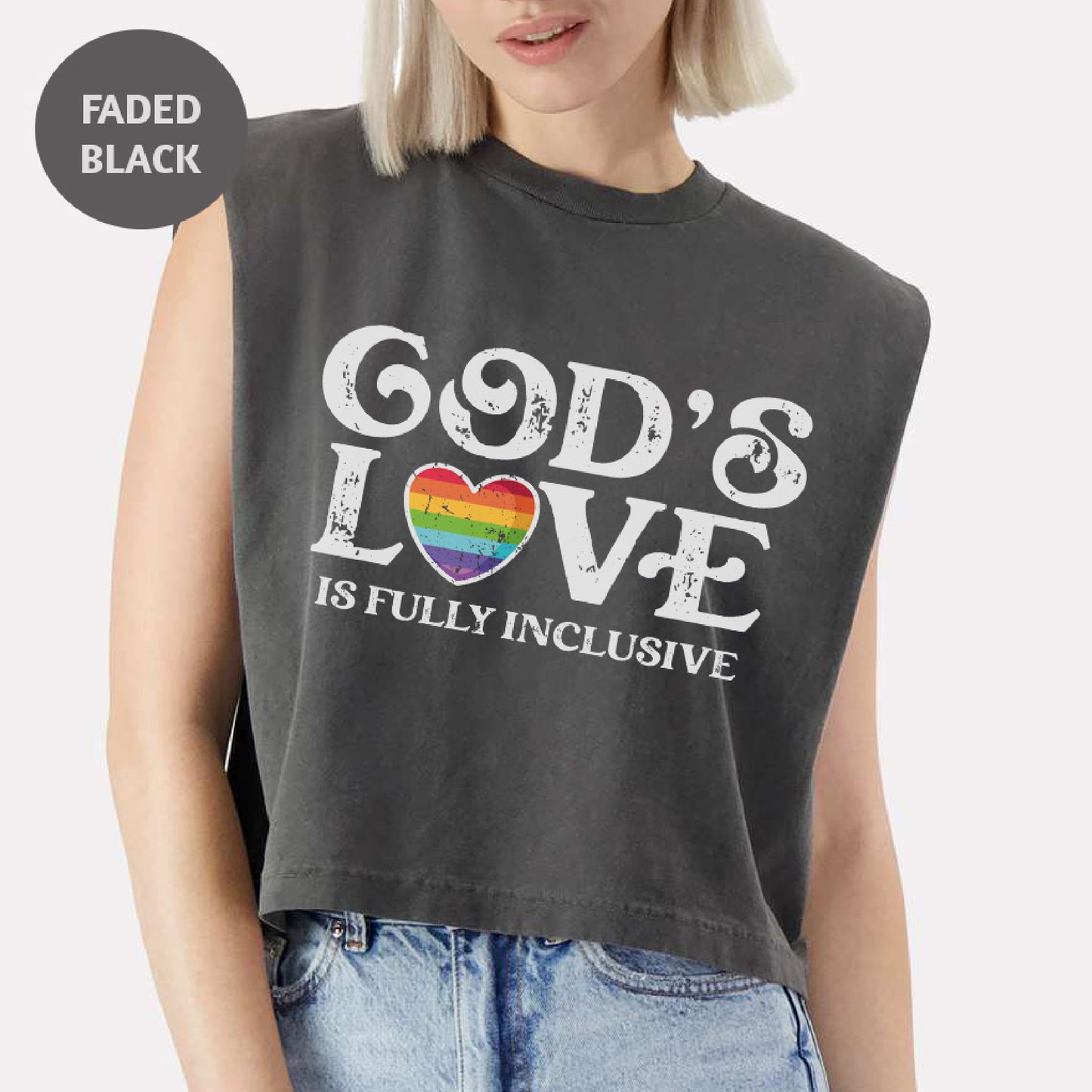 a woman wearing a crop top that says god's love is fully inccus