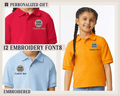 three children&#39;s polo shirts with the name of each child